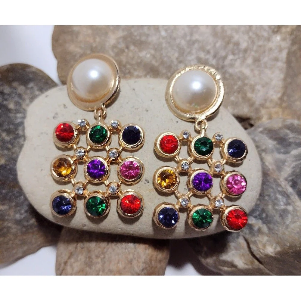 BIG Vintage 90s Color Block Pearl Gold tone Statement Earrings